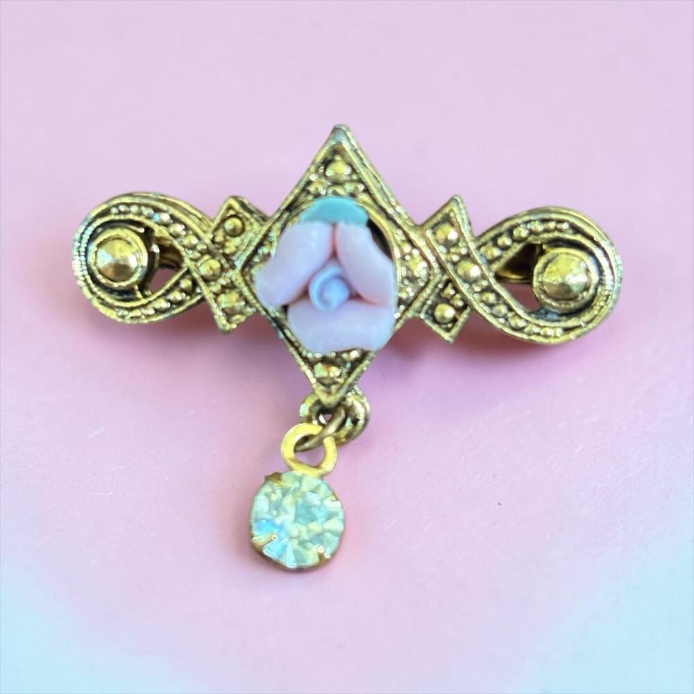 Romantic Pink Porcelain Rose Brooch 1928 Jewelry Art Deco Rhinestone Dangle